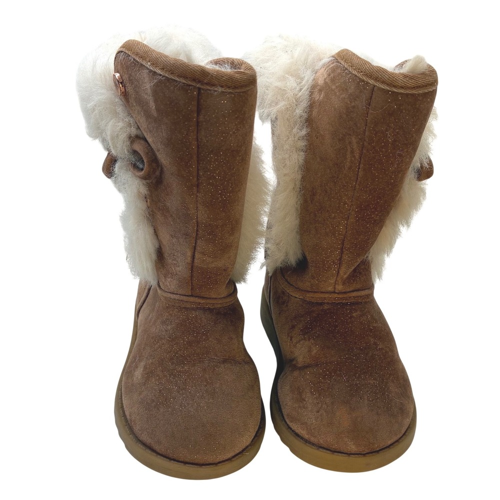 Nine West Girls Brown Glitter Faux Fur Winter Boots Rose Gold Accents Kids